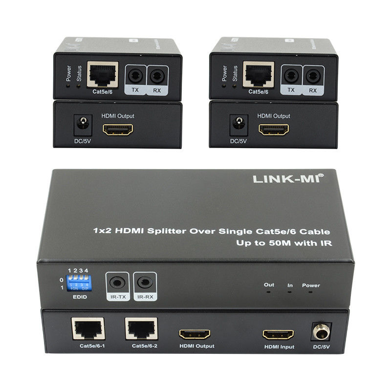 1X2 50M 4K HDMI Splitter Over Cat5e/6 Kabel Dukungan 3D IR Cascading Untuk 4 Lapisan