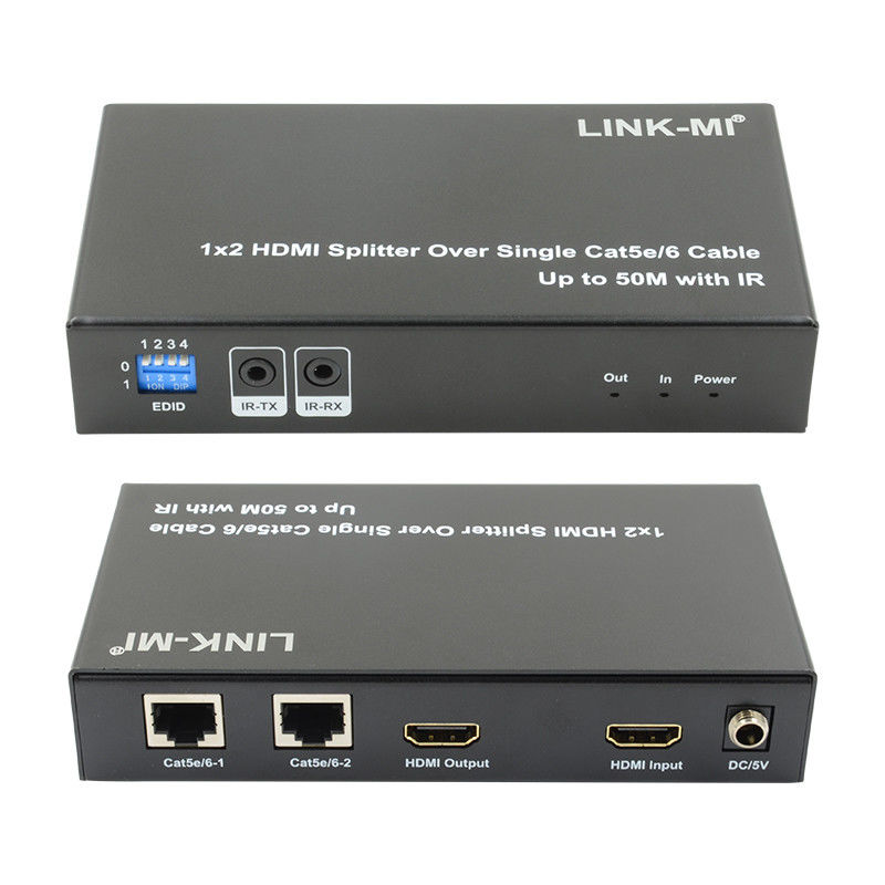 1X2 50M 4K HDMI Splitter Over Cat5e/6 Kabel Dukungan 3D IR Cascading Untuk 4 Lapisan