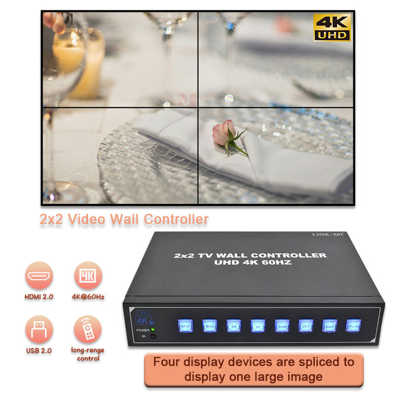 4K HDMI Video Wall Processor 2X2 Mendukung USB Auto Display untuk 4 TV UHD 4K 60Hz LED Video Wall